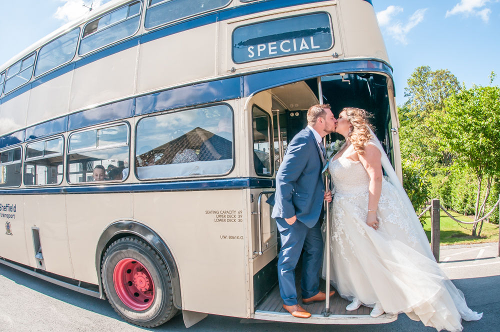 Bride and groom on Sheffield bus, Ye Olde Bell wedding, Retford