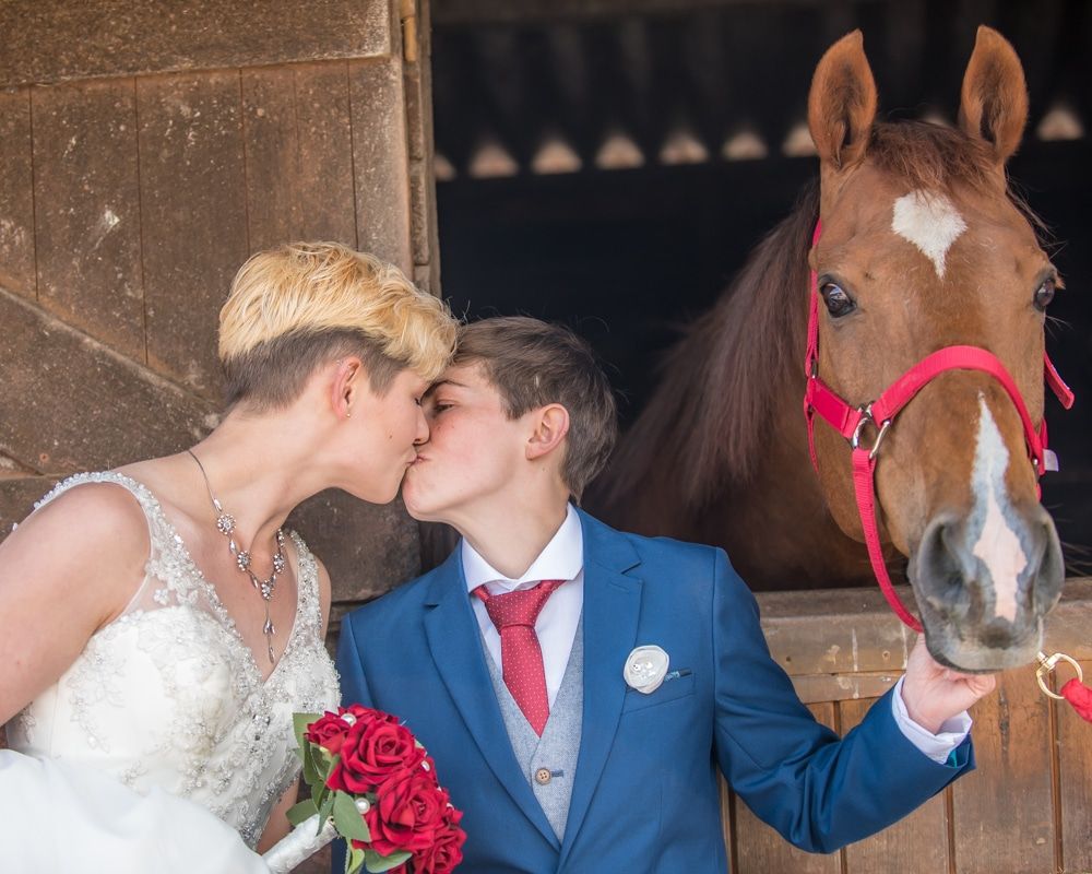 Kissing in front of the horse, Carlisle Register office, Lake District wedding photography