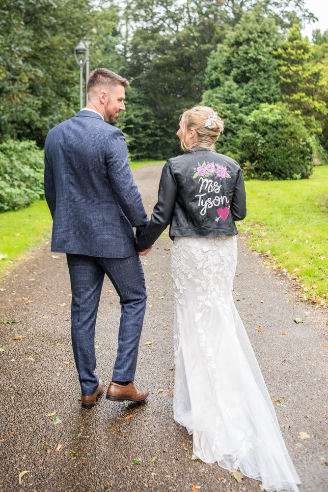 Alex's personalised leather jacket,  wedding photographers Carlisle register office elopement wedding Lake District