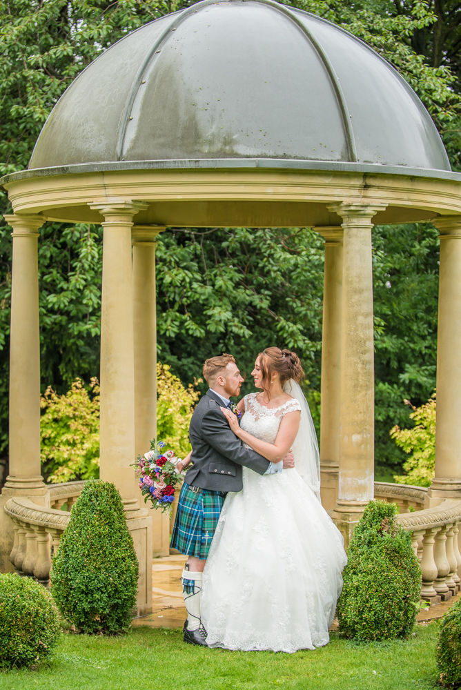 Posing by the pagoda at Ringwood Hall, Sheffield wedding photographers, Ringwood Hall Hotel