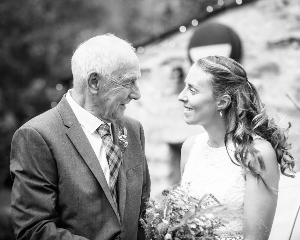 Bec and her Dad arriving at wedding, Howgills wedding, Sedbergh, Lake District wedding photographers