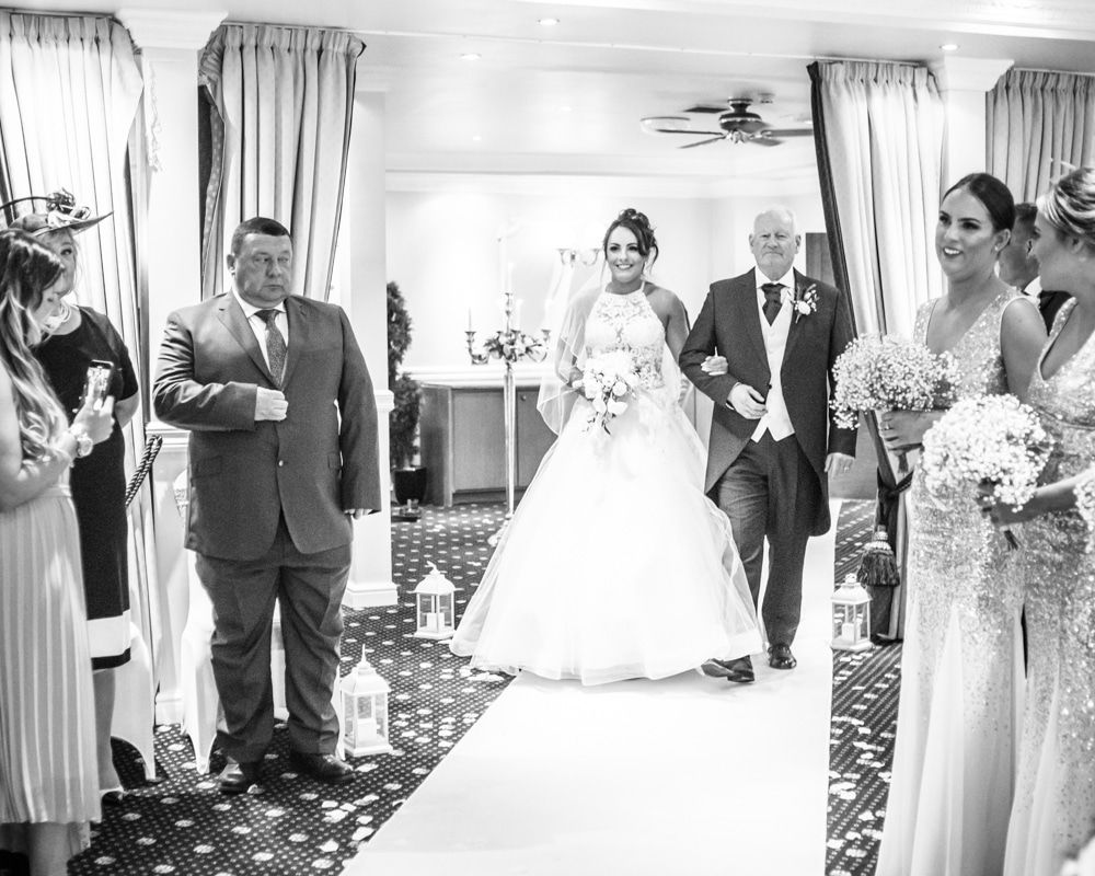 Bride walking down aisle, Waterton Park Hotel weddings, Yorkshire wedding photographers