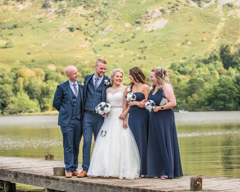 Bridal party on jetty, Inn on the Lake Weddings, Lake District