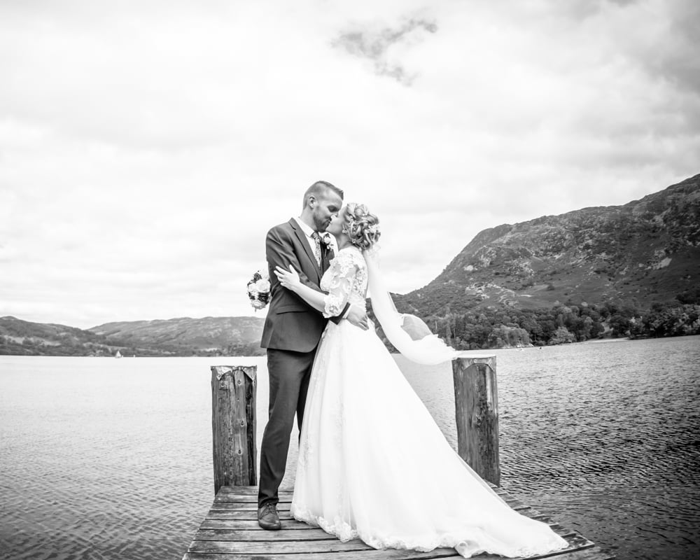 Black and white on jetty with veil, Inn on the Lake Weddings, Lake District