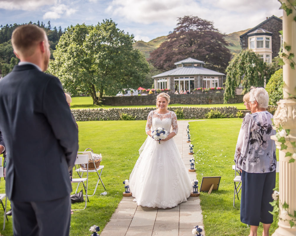 Sarah walking up the aisle, Inn on the Lake Weddings, Lake District