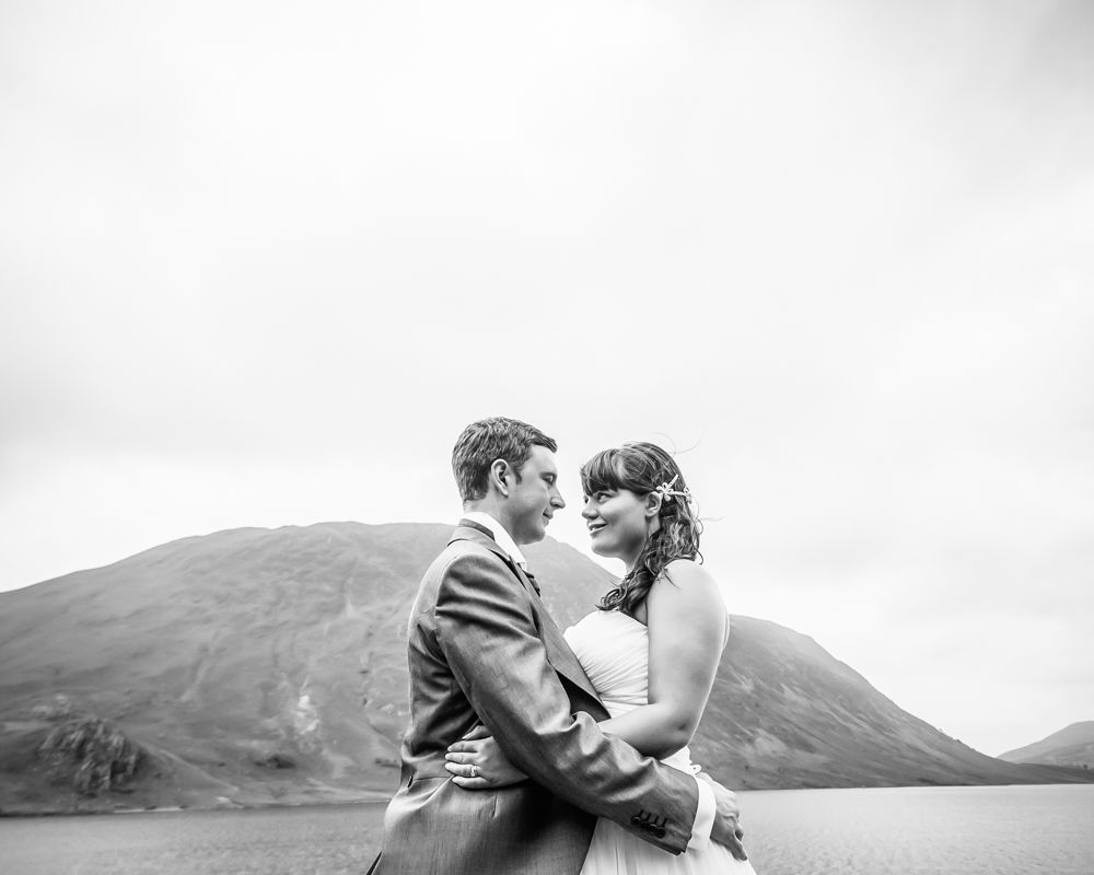 Bride and groom at Crummock Water, Lake District alternative wedding photographers