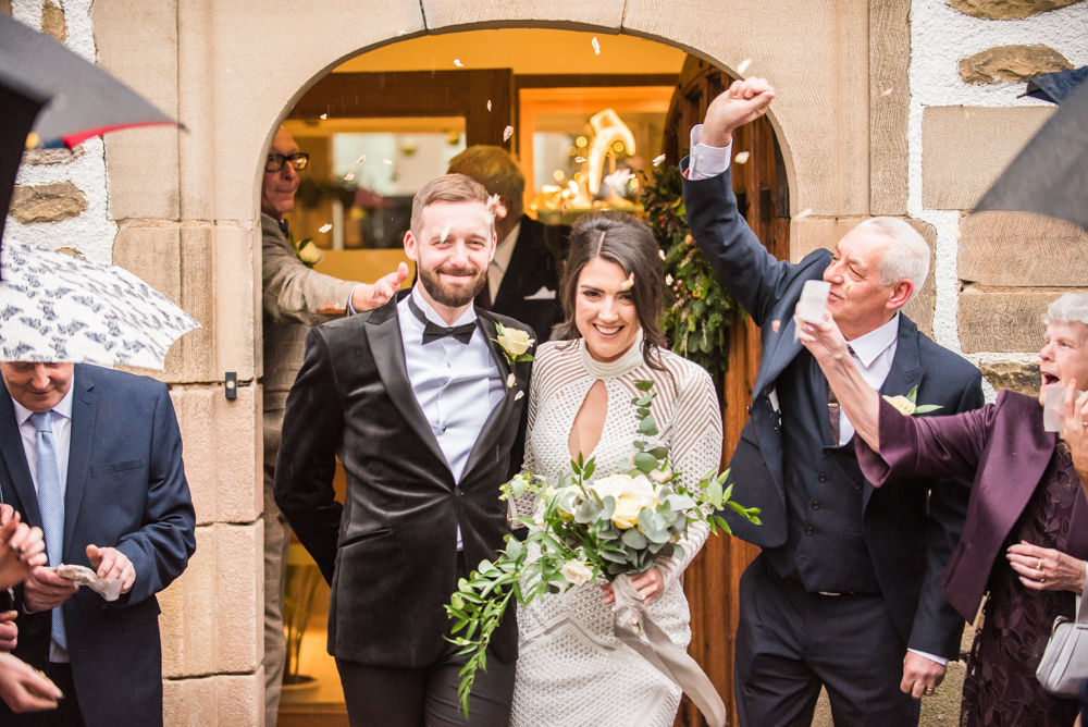 Confetti outside main doorway, Losehill House weddings, Sheffield wedding photography