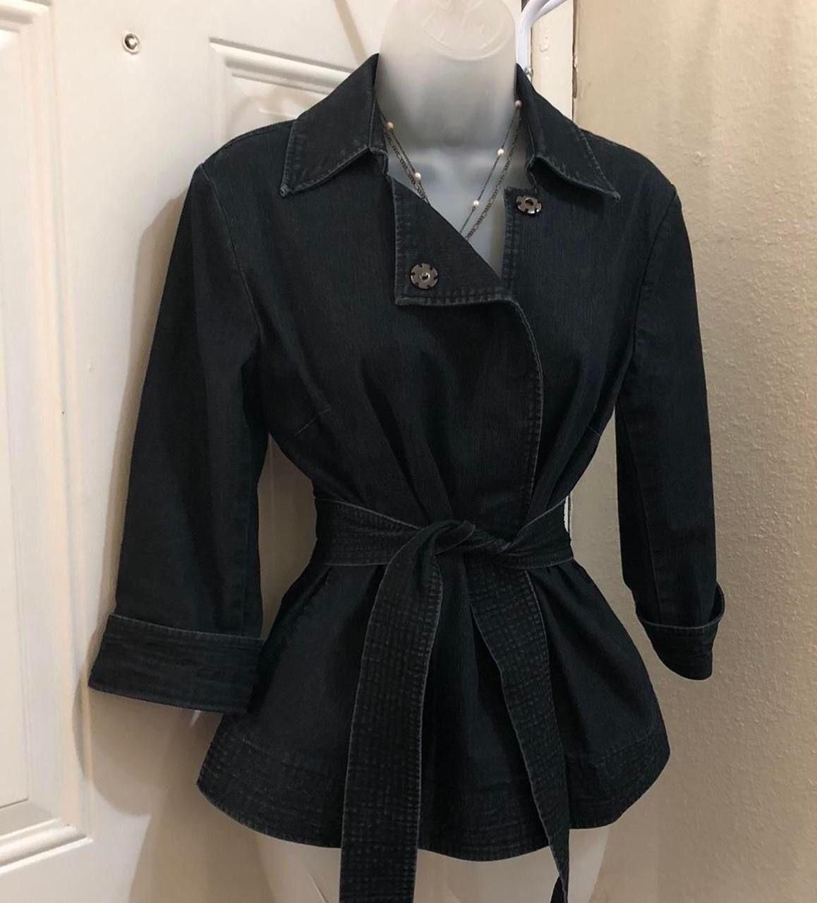 Black denim blazer with a defined tie waist.