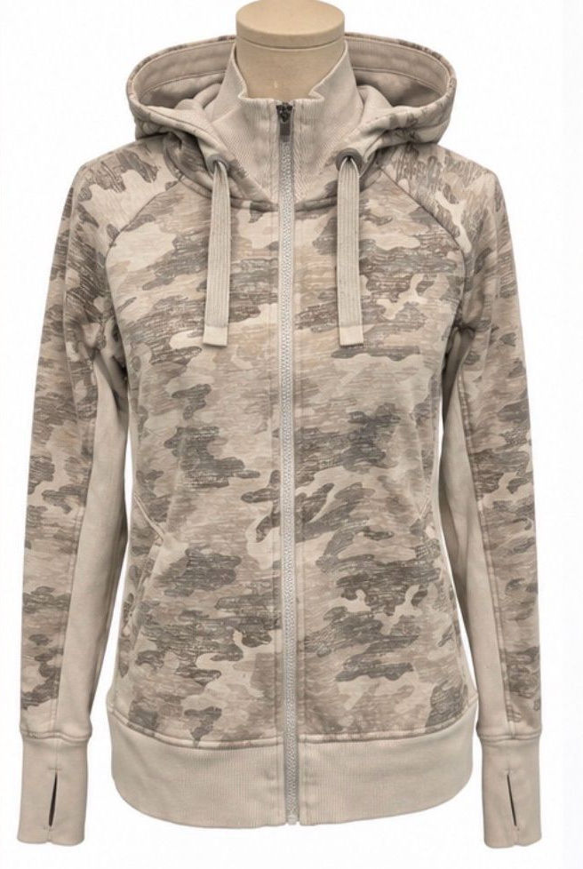 Light woodland-camo full-zip hoodie with roomy sleeves and a drawstring hood.