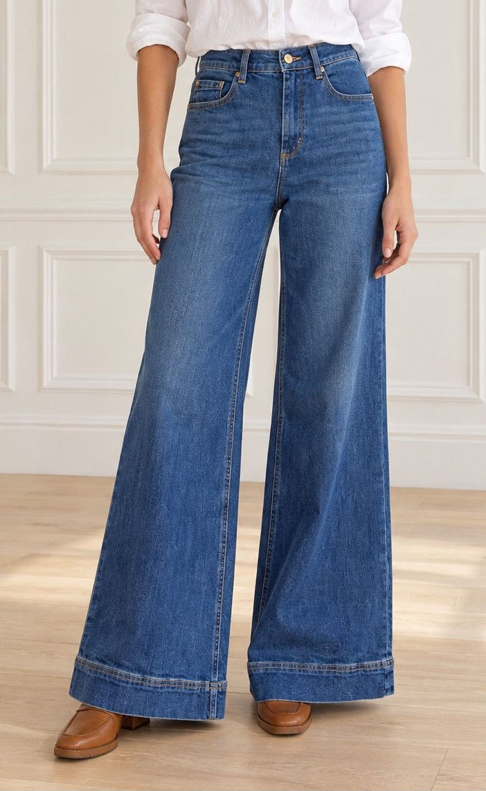 Blue wide-leg jeans worn with a white blouse overlapping the waistband.