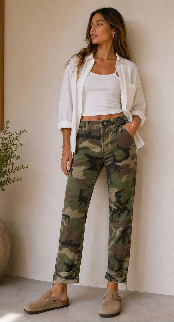 Relaxed green camo pants styled with a fitted white top and neutral shoes.