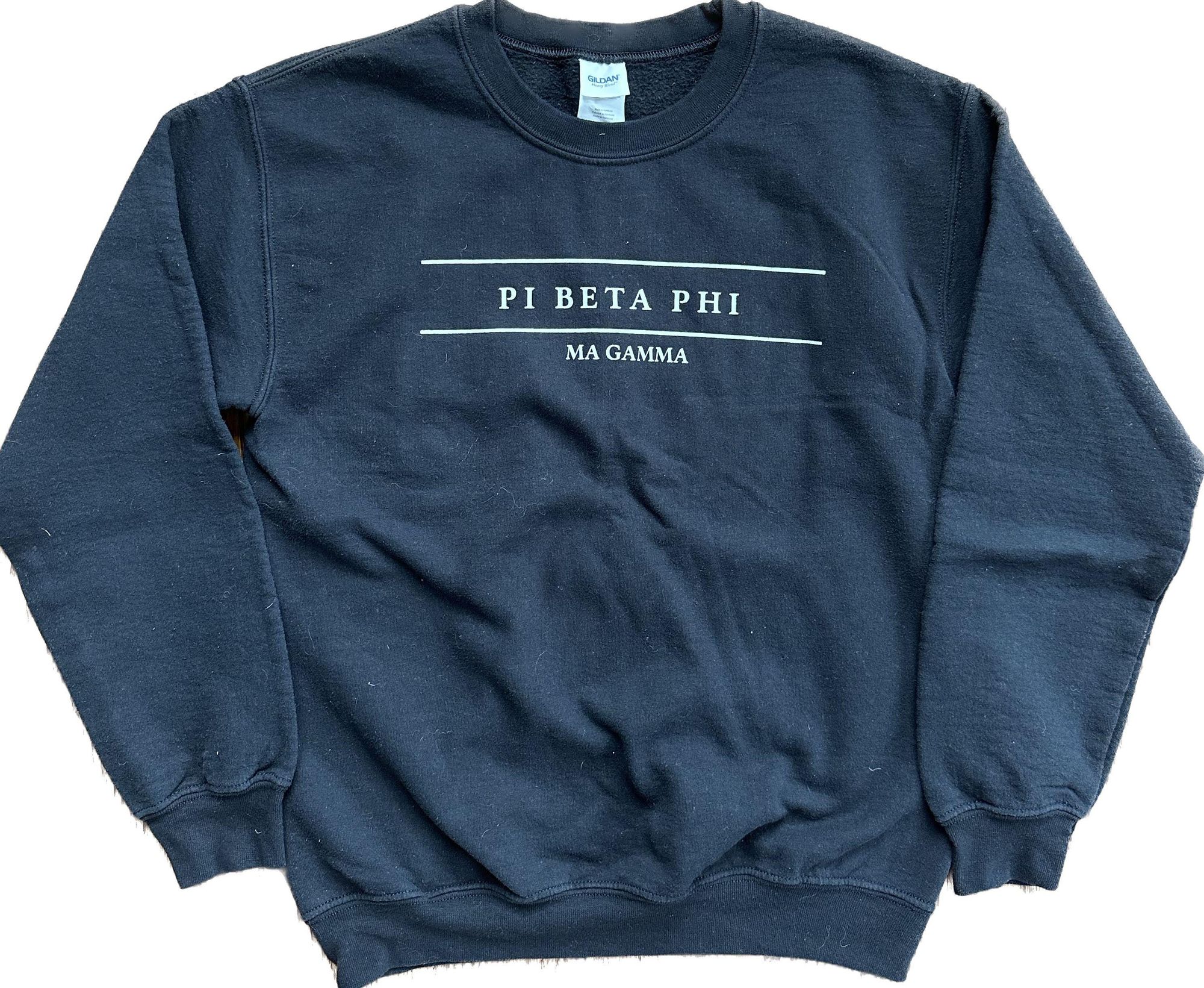 Worn-in navy Pi Beta Phi sorority crewneck sweatshirt.