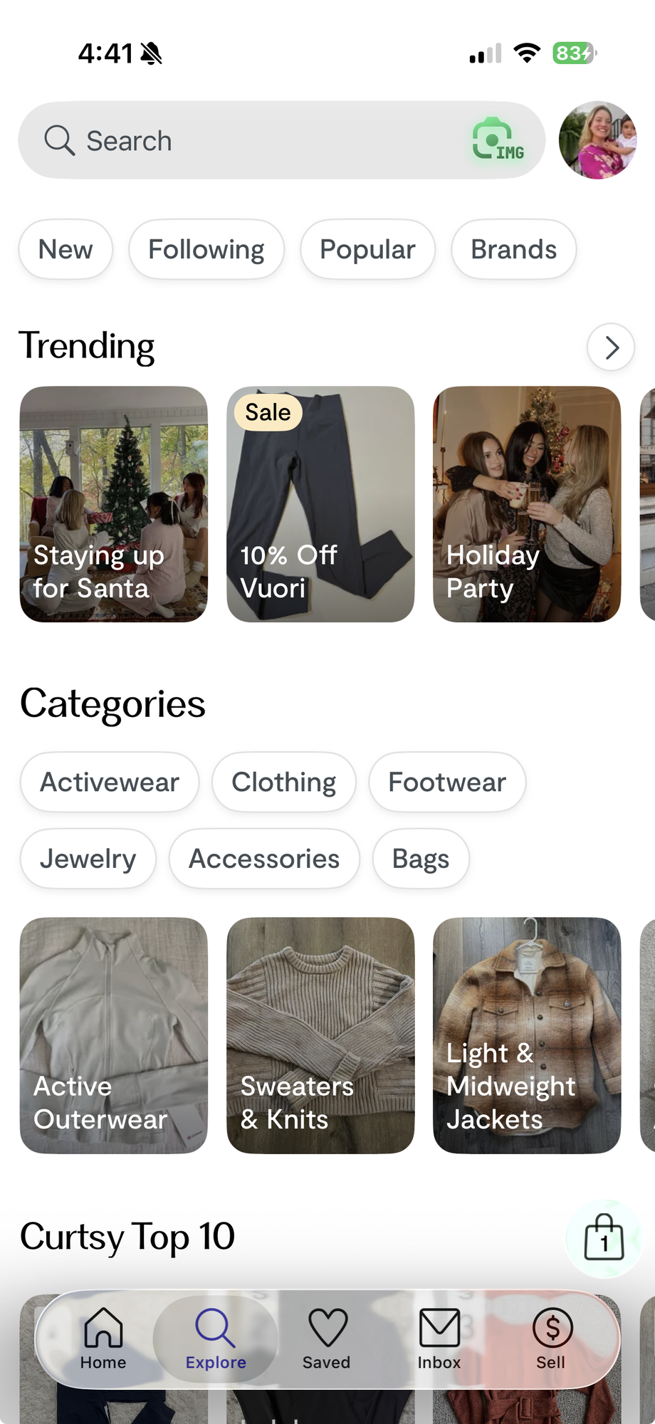 The Curtsy Explore page with search, trends, categories, and Curtsy Top 10