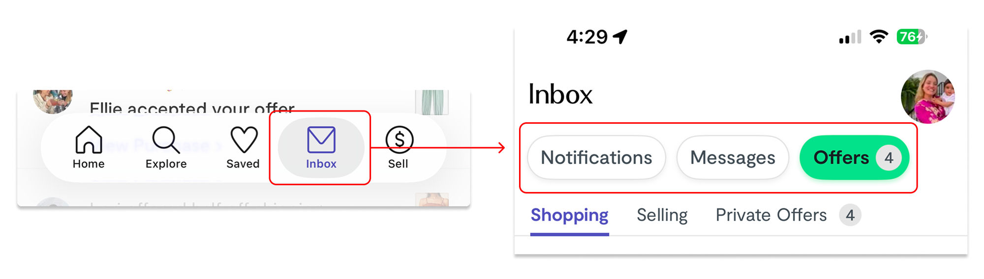 The Curtsy Inbox tab with notifications, messages, offers, and shopping and selling filters