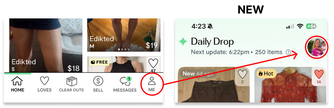 The Curtsy profile moved from the Me tab to the profile photo in the upper-right corner