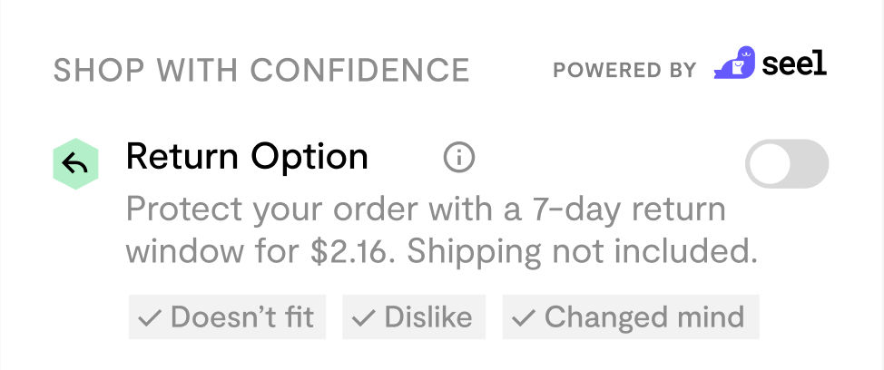 The Seel Return Option toggle at checkout for a seven-day return window