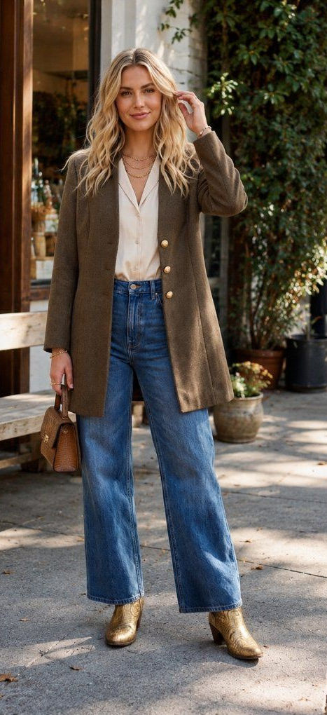 Woman wearing a brown longline blazer over a white blouse and jeans.