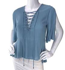 Lovers + Friends Womens Size XS Blouse Lace Up Slit Sleeve Top Blue NEW