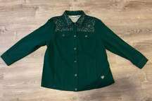 Quacker Factory Dream Jeannes Studded Rhinestones Green Denim Jacket Size 1X
