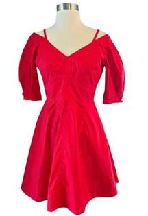 DEREK LAM 10 CROSBY Cotton Poplin Red Dress Off Shoulder Mini Puff Sleeves 4 EUC