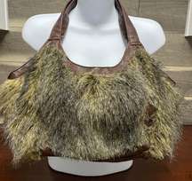 Cream Gray Brown Faux Fur Shaggy Hobo Purse Shoulder Bag