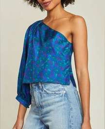 Veronica Beard Blue Silk Cobalt Floral One Shoulder Lyric Relaxed Fit Blouse 2