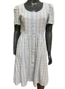 Draper James Linen Blend Button Front Dress in Blue Stripe Size 6 Midi Dress