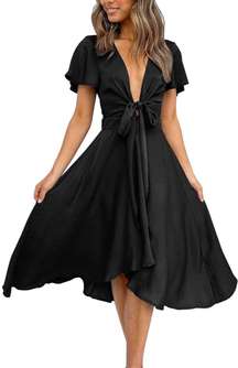 Satin V Neck Ruffle Short Sleeve Tie Front High Waist Midi A-Line Maxi Dress