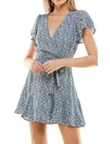 Row A Women's Blue Floral Faux Wrap Tie Waist Short Sleeve Dress S NWOT