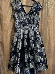Oleg Cassini Navy Blue Silver Floral Brocade High Low A-Line Dress 12