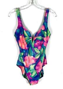 Vintage 1990s Sessa Multicolored Floral Structured V-Neck One Piece Swimsuit S