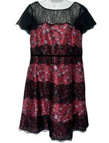 Kay Unger New York Black Pink Cap Sleeve Floral Lace Accent Mini Dress size L