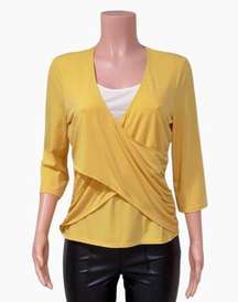 Kasper Women's Yellow White 3/4 Sleeve Criss-Cross Stretch Blouse Petite Size L