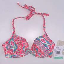 22. NWT 34B/C halter push-up bikini top bright ruched pink orange