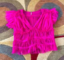 Like-New  Making Me Smile Top Hot Pink Sheer Mesh Ruffle Medium