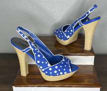 ? Blue and White Polkadot Slingback Open Toe Platform Heels Size 8.5M