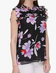 Calvin Klein Floral Ruffle Trim Sleeveless Blouse Black Purple 1X