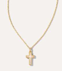 Cross Gold Pendant Necklace in White Kyocera Opal