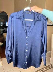 Zara Satin Blouse Size Large In Navy Blue