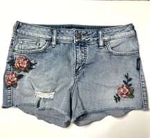 Silver Jeans Aiko Jean Shorts Floral Embroidered Denim Size 28