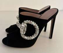 Gucci Maxime Black Suede Crystal Horsebit Open Toe Mules High Heel Sandals 37.5