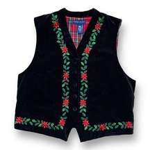 Vintage Karen Scott Vest Black Velvet Red Green Holiday Poinsettias Embroidery