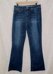 YMI Luxe Dark Wash Denim High Rise Flare Leg Raw Hem Jeans size 15/32