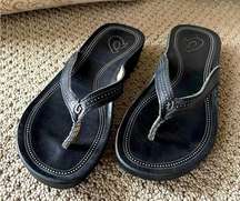 Okukai Women’s Leather Flip Flop Thong Sandals in Black with Detail.