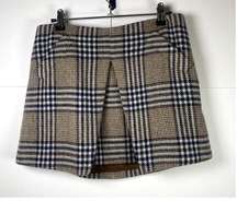 Rachel Zoe Size 2 Plaid Mini Skirt Pleated Brown, Navy, White Preppy Wool Blend