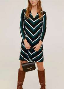 Green, Black, and White Striped Long Sleeve Dress