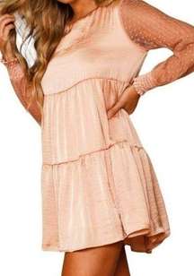 Peach Love California Tiered Sheer Long Sleeve Mini Dress Pink Size Large NWT