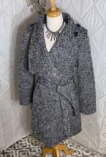 |  Black & White Tweed Wool Blend Coat Belted