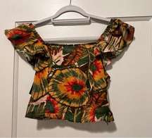 Green Orange Jungle Print Linen a blend Flutter Sleeve Crop Top