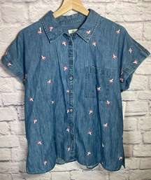 Style & Co Denim Shirt Sz L Button Down Slits Embroidered Mushrooms Novelty Fun‎